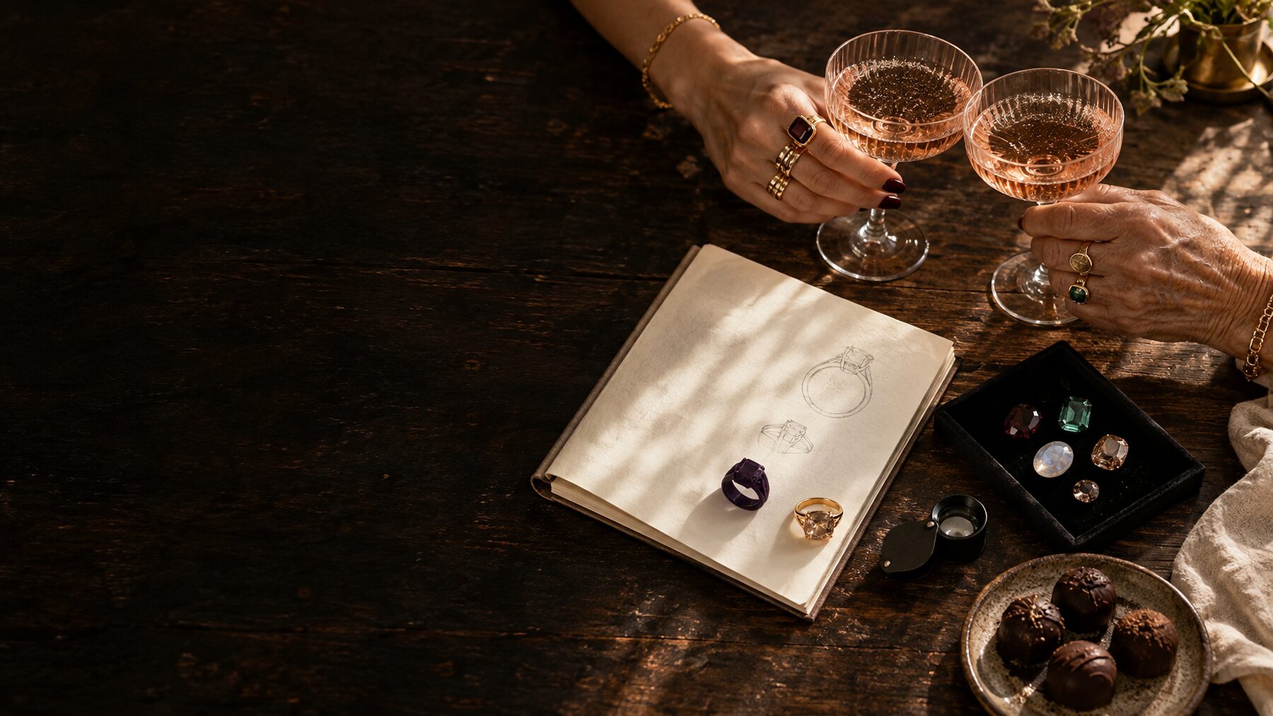Two hands, one older, toasting with rosé over a table of loose stones, a ring sketch and a wax model
