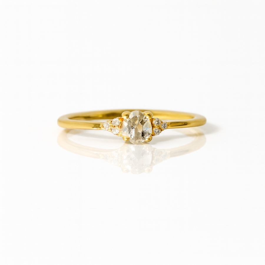 Princess cut diamond ring accented with three smaller diamonds on each side