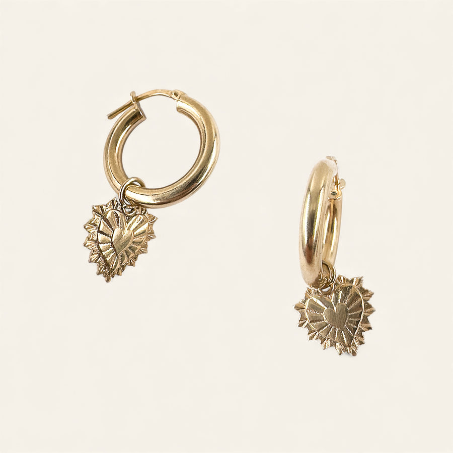 The Heart Burst Charm Hoops in 9kt Gold
