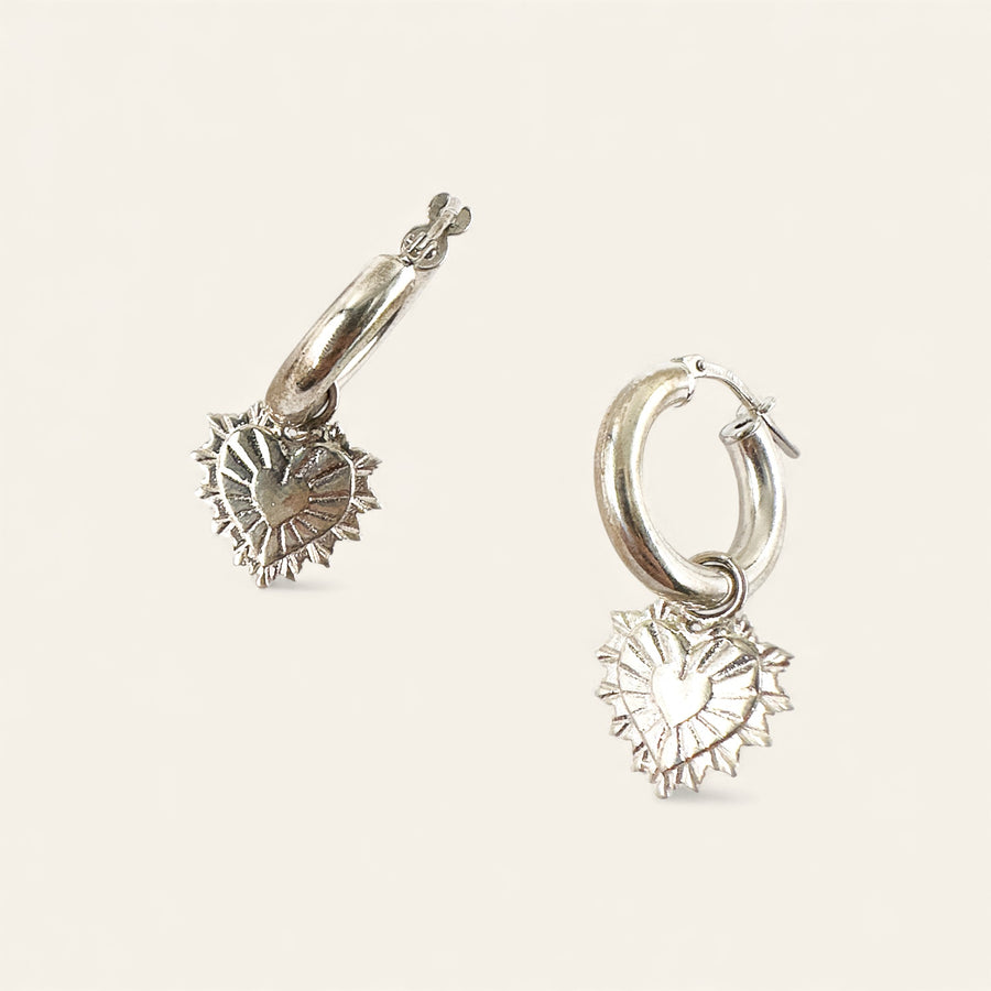 The Heart Burst Charm Hoops in Sterling Silver