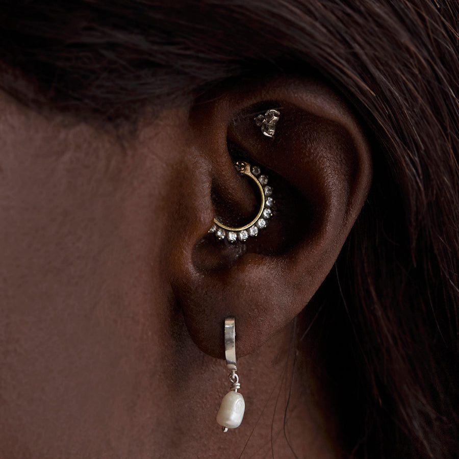 Medium Pearl Charm Huggie in Silver-Earrings-Black Betty Design