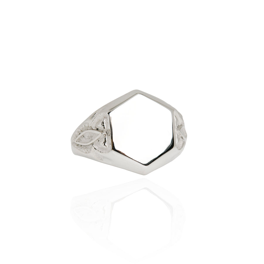 The Patterned Hex Signet Ring in Silver