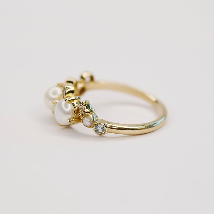 The 11 Stone Pearl Cluster Ring with Blue Topaz and White Sapphire in 9kt Gold