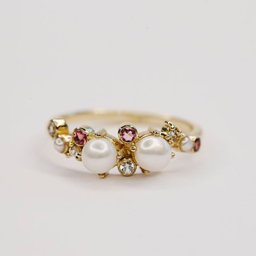The 11-Stoned Pearl Cluster Ring with Pink Tourmaline and White Sapphire in 9kt Gold