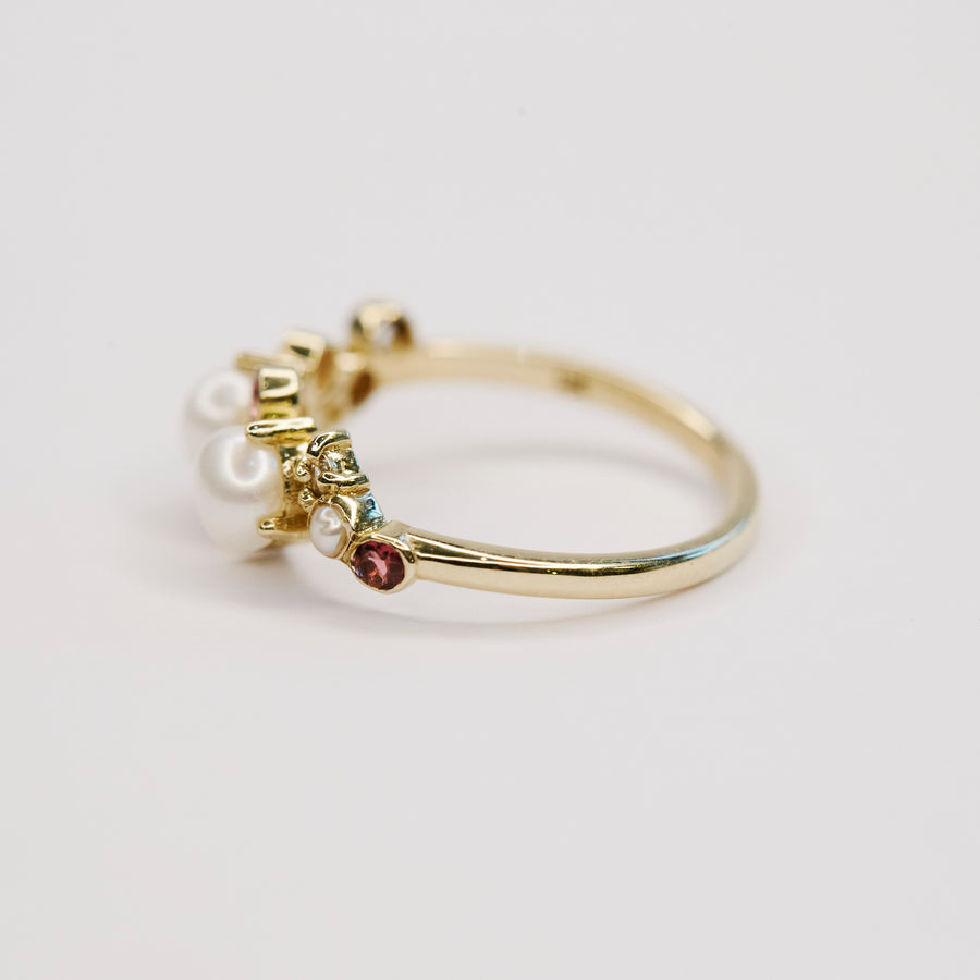 The 11-Stoned Pearl Cluster Ring with Pink Tourmaline and White Sapphire in 9kt Gold